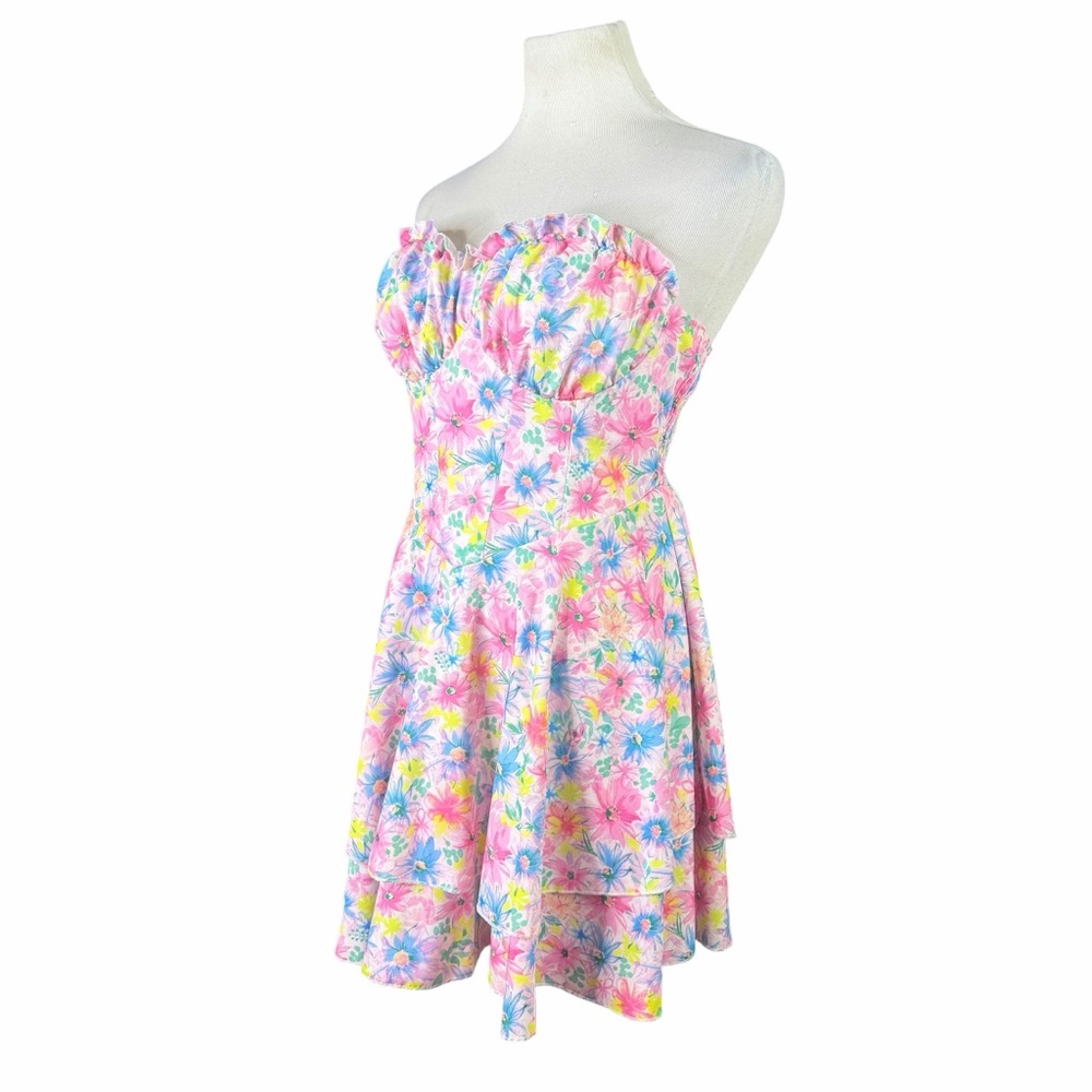 SHEIN Soleia White Multicolor Floral Ruffle Sweetheart Strapless Mini Dress - M - Picture 5 of 16